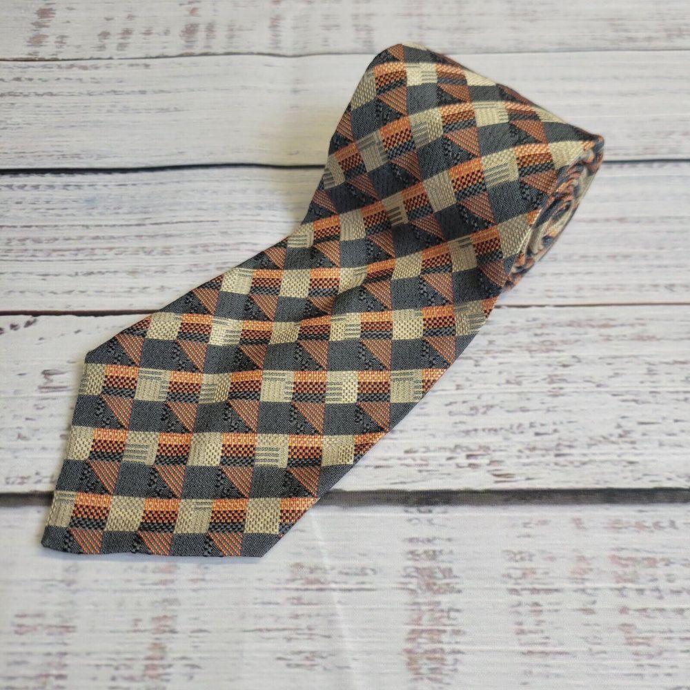 Ermenegildo Zegna Tie Geometric Orange Gray 100%‎ Silk Mens Neck Tie 58" Long